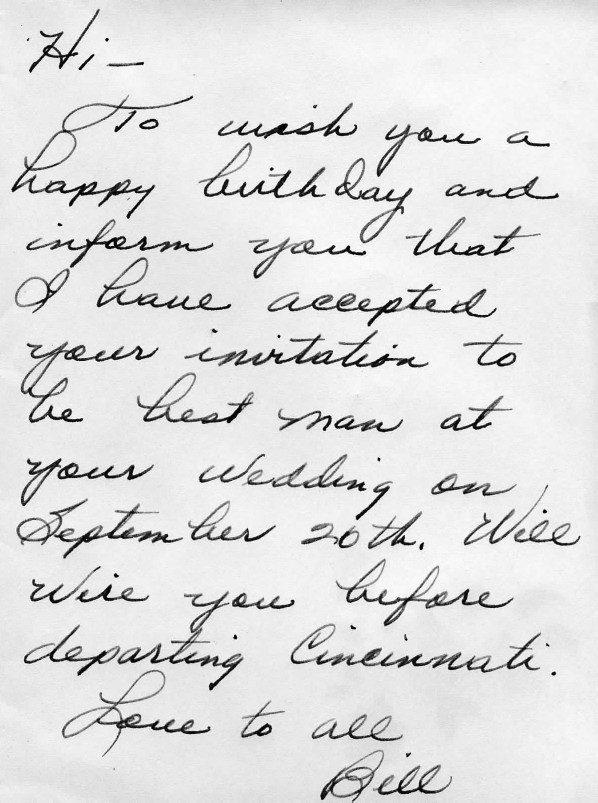 August 1947: brother Bill agrees to be best man "at your wedding on September 26th