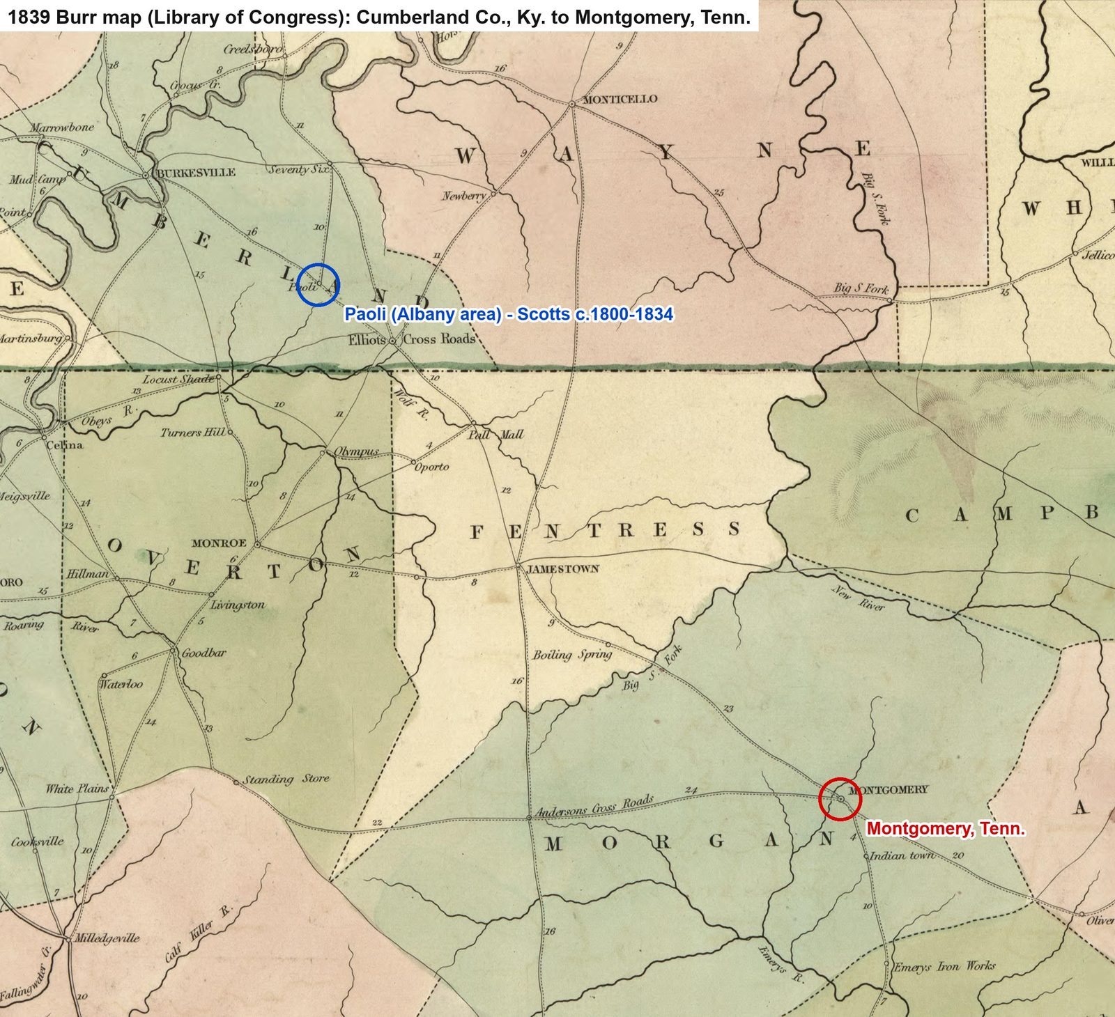 An 1839 map from the Albany, Kentucky area down to Montgomery, Tennessee, the route of the family's 1821 move