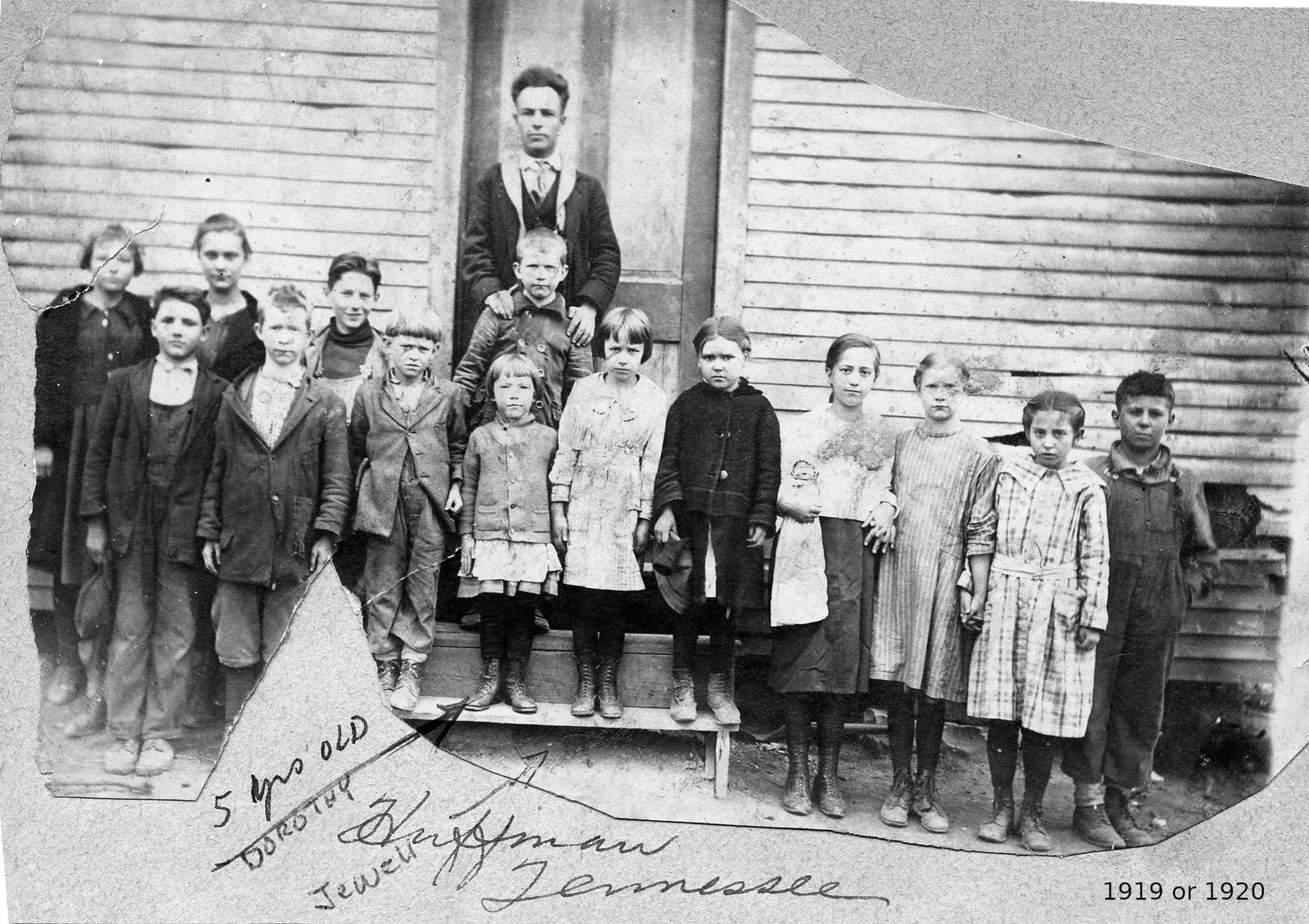The one-room Huffman School, about 1919, with Dorothy and Jewell Scott