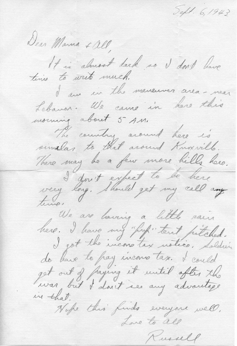 September 6, 1943: Russell writes home from "the maneuver area - near Lebanon