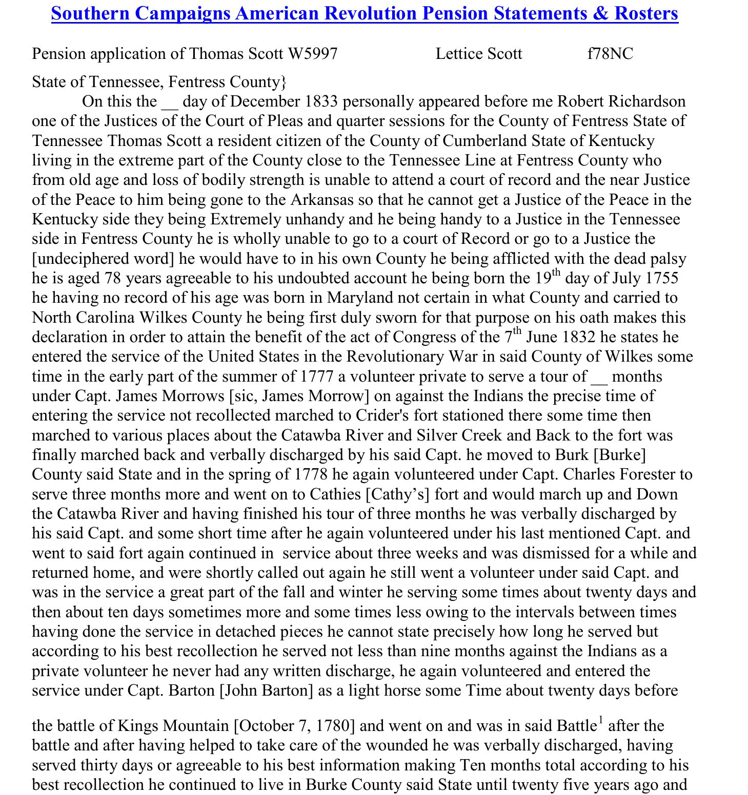 Thomas Scott's sworn 1833 pension declaration: born July 19, 1755 in Maryland; Kings Mountain